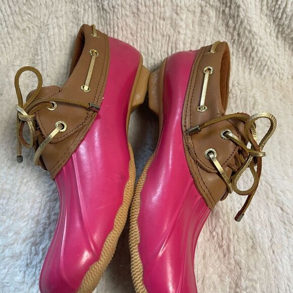 Sperry Top Spider Pink and Tan low profile duck shoes Women's Rain Boots SZ12 - Picture 7 of 12
